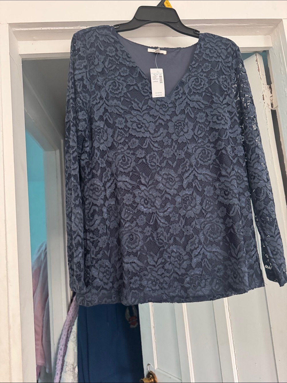 Maurices Navy Lace Long-Sleeve V-Neck Top